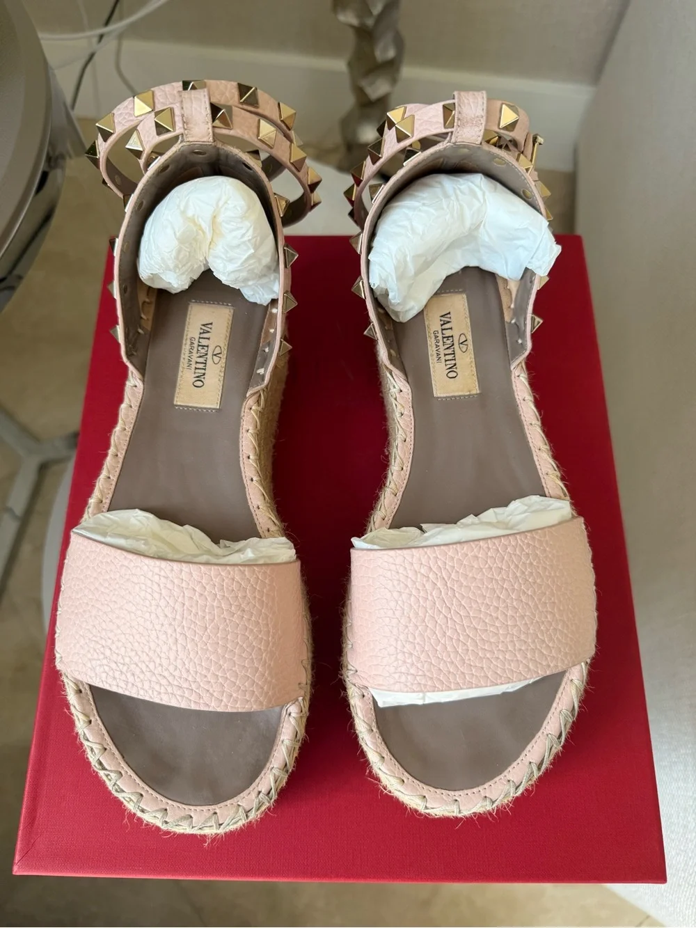 Valentino Garavani Blush Pink Studded Espadrille Platform Sandal
